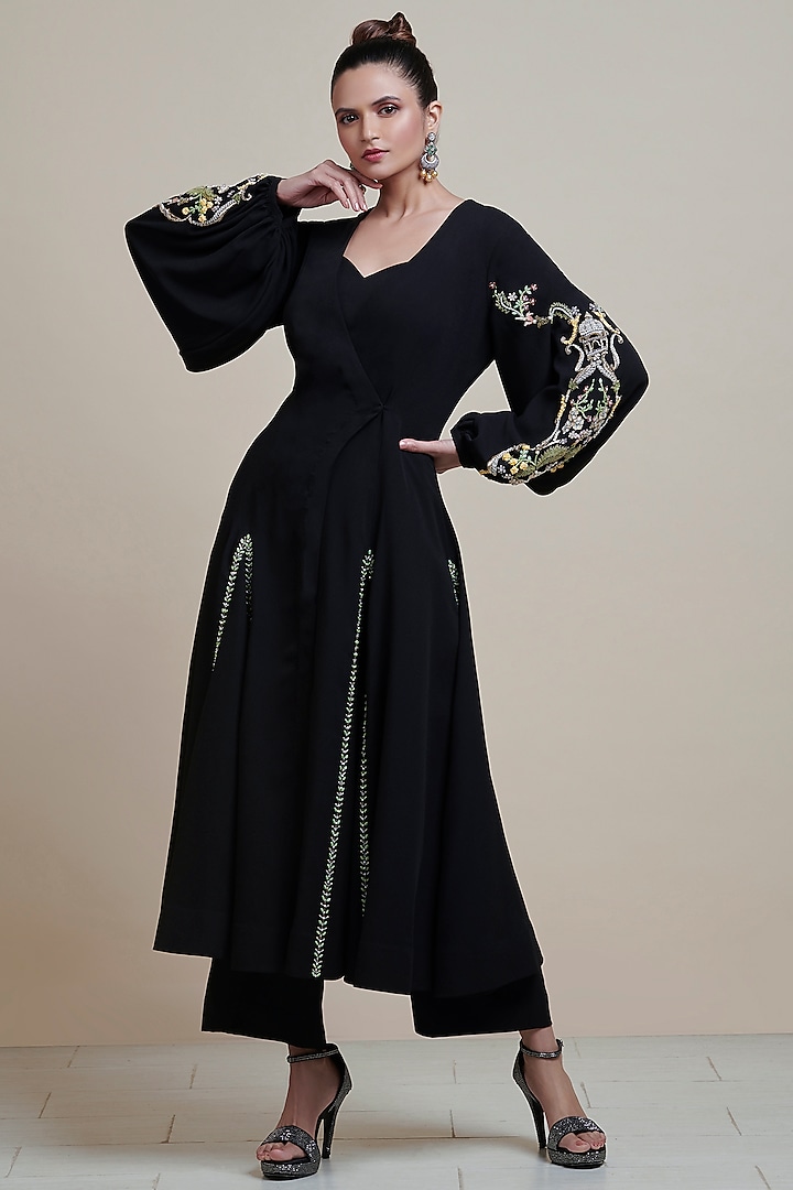 Black Jumpsuit With Hand Embroidered Cape by Parul i Vivek