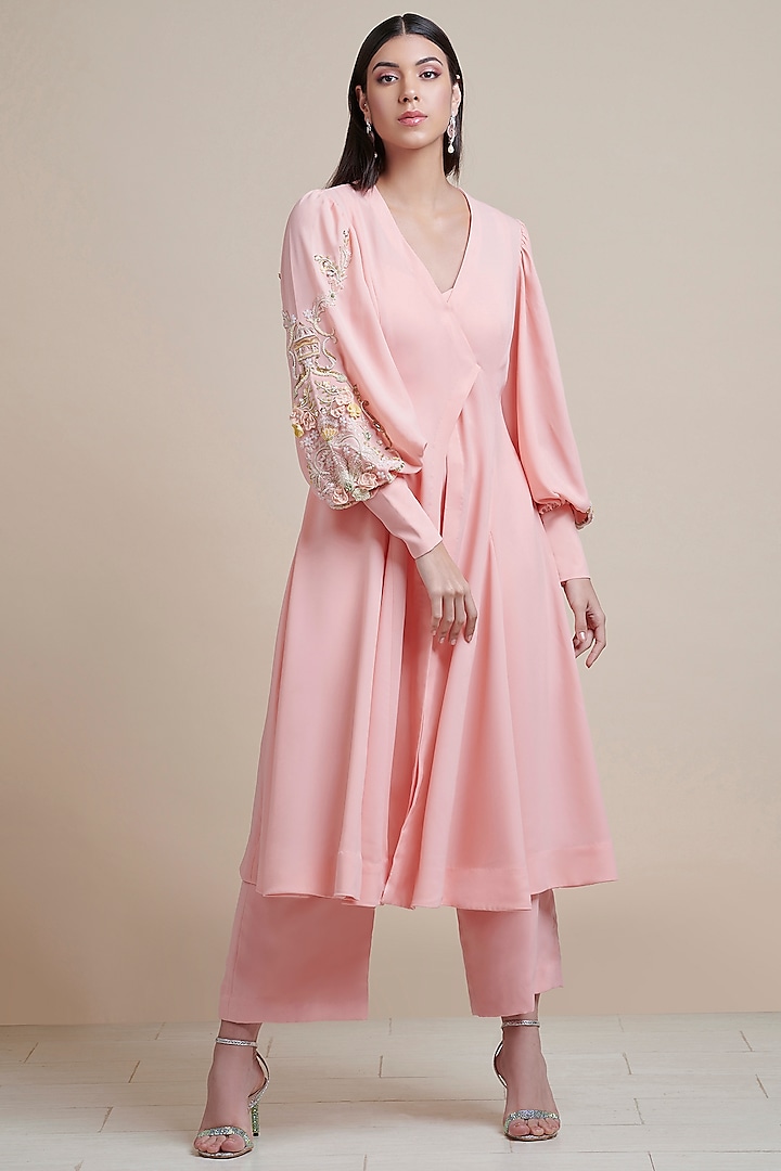 Baby Pink Jumpsuit With Hand Embroidered Cape Design by Parul i Vivek