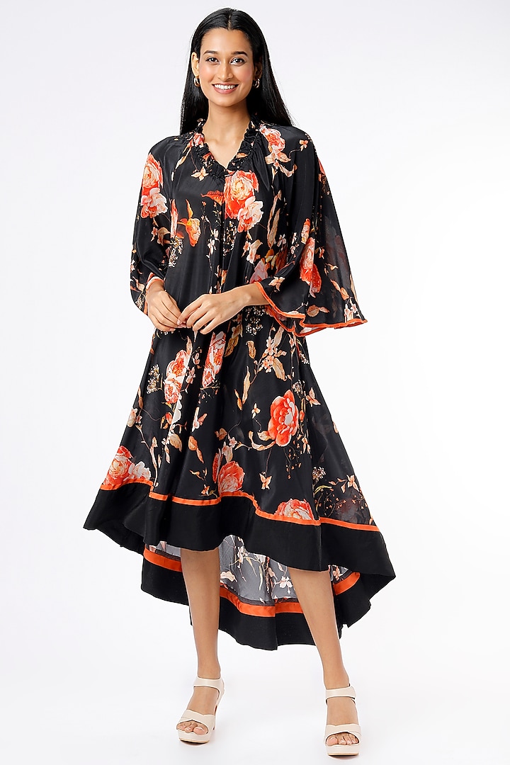 Black Crepe Printed Flared Tunic by Parul i Vivek