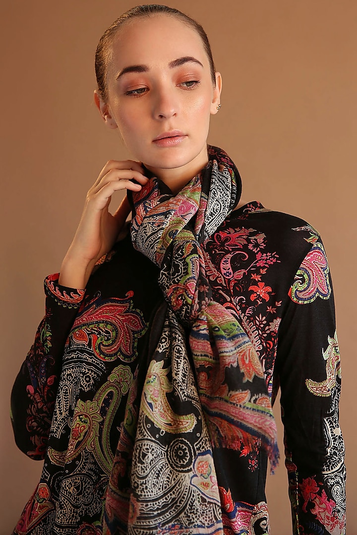 Black Paisley Printed Scarf by Pashma
