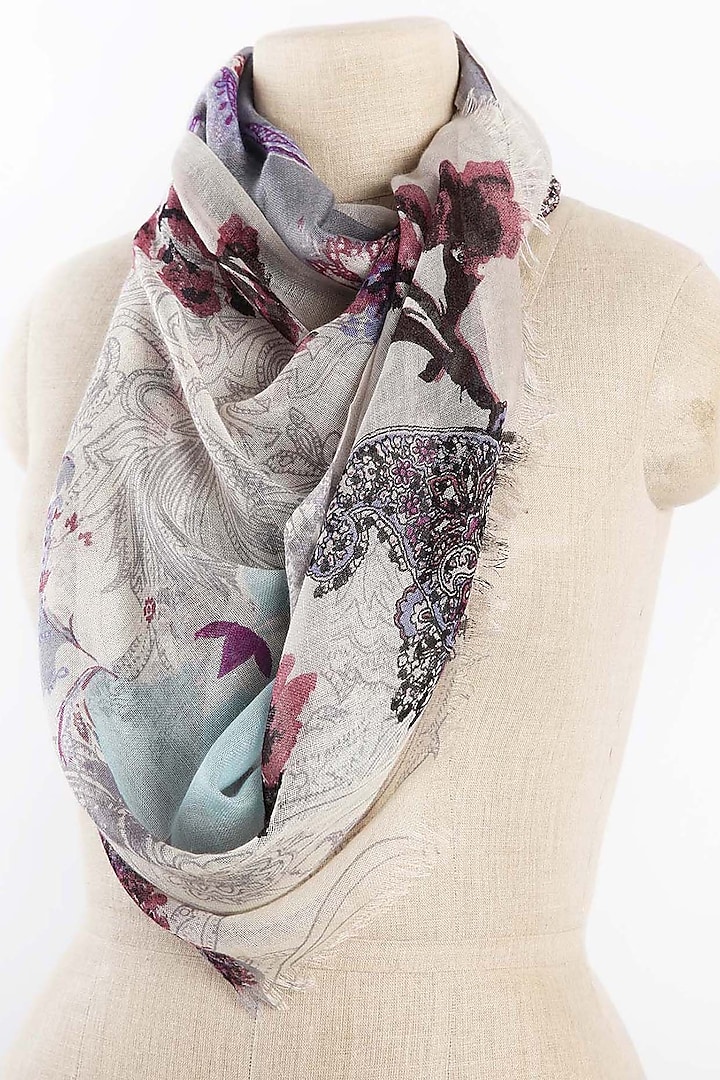 White & Grey Printed Scarf by Pashma
