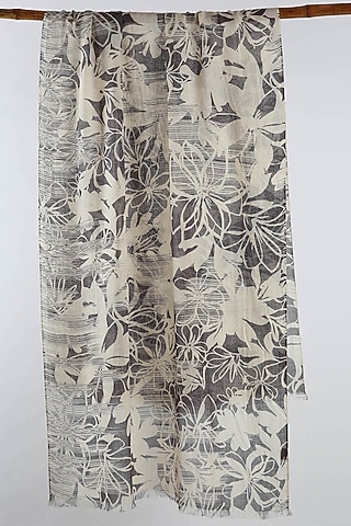 Grey & Black Floral Printed Scarf by Pashma