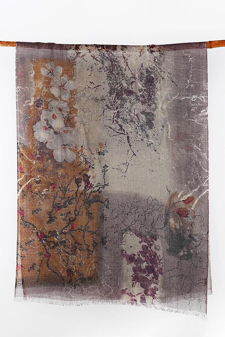 Grey & Deep Beige Printed Scarf by Pashma at Pernia's Pop Up Shop