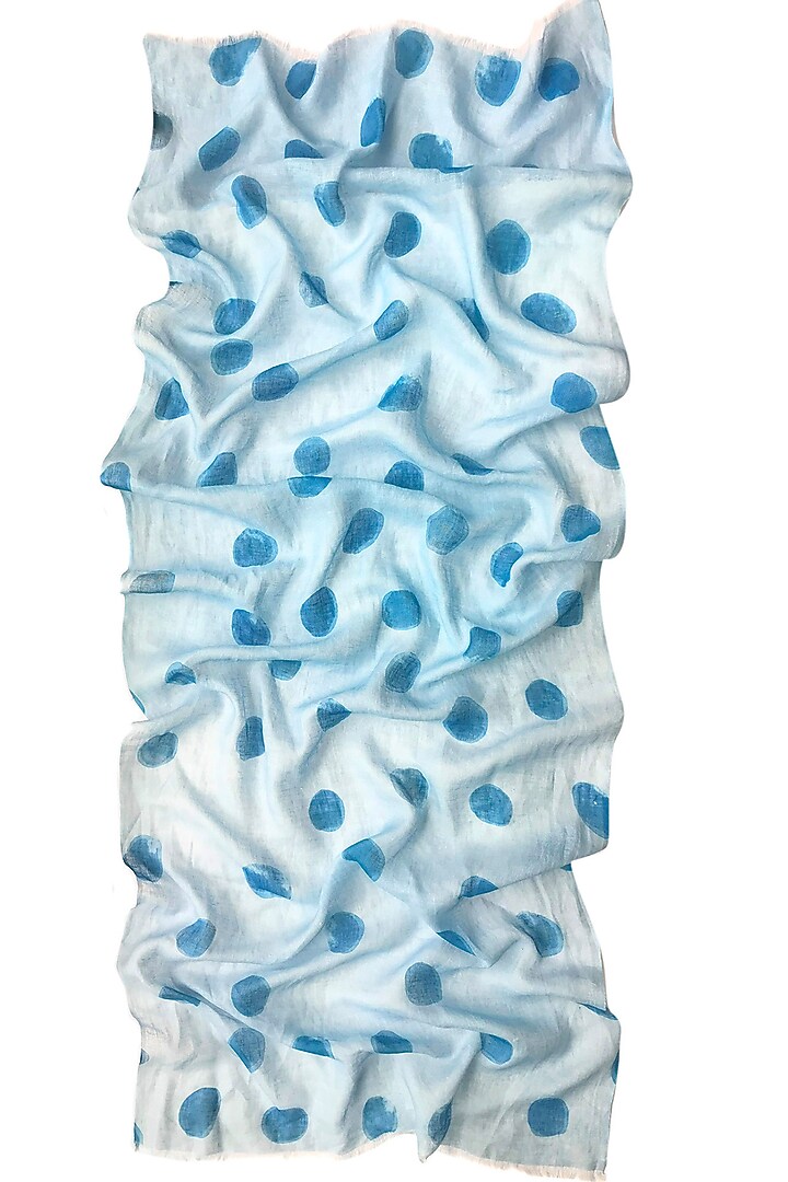 Blue Linen Polka Dot Printed Scarf by Pashma at Pernia's Pop Up Shop