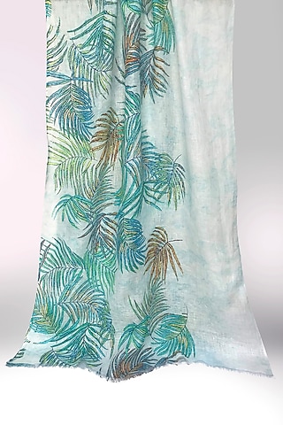 Turquoise & Green Linen Printed Scarf by Pashma