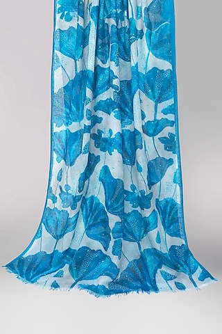 Blue Bamboo Silk Cashmere Printed Scarf by Pashma