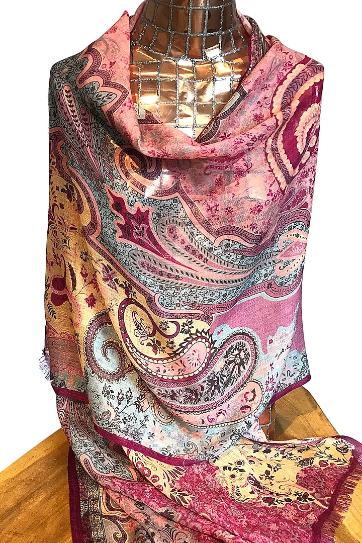 Dark Pink Paisley Printed Scarf by Pashma