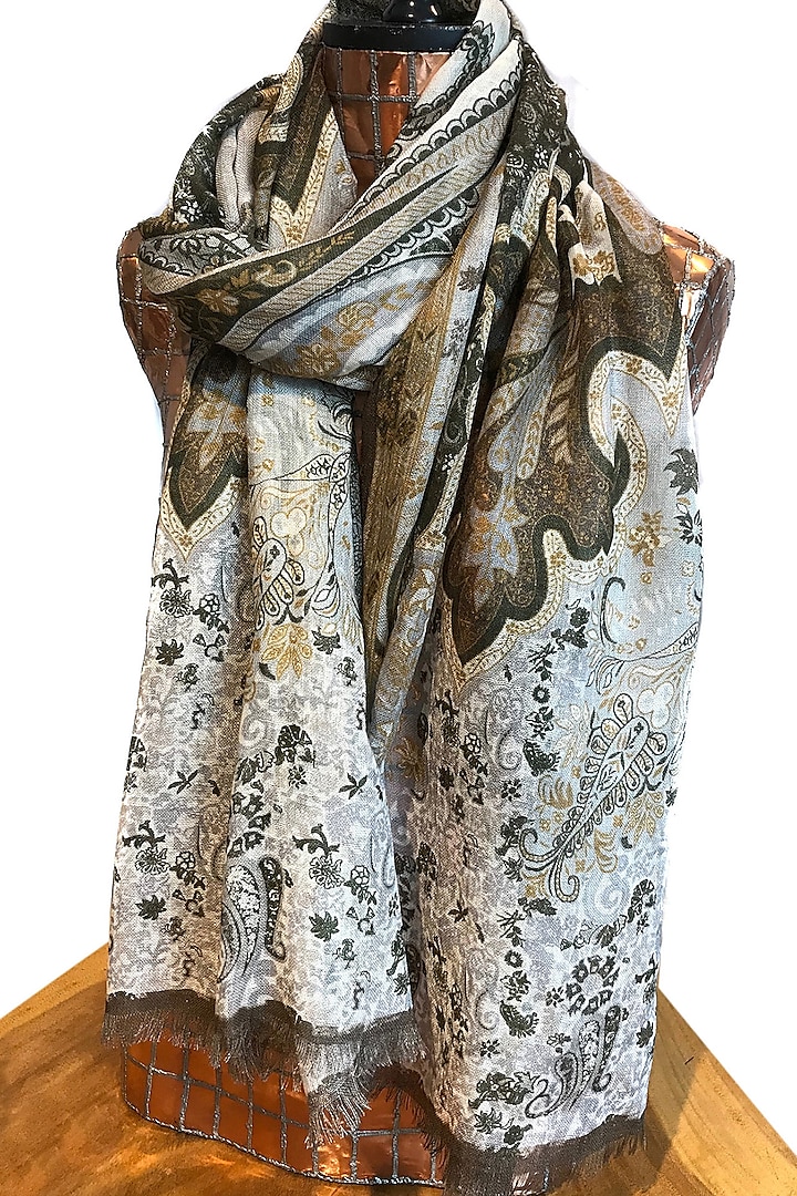 Olive & Grey Paisley Printed Scarf by Pashma