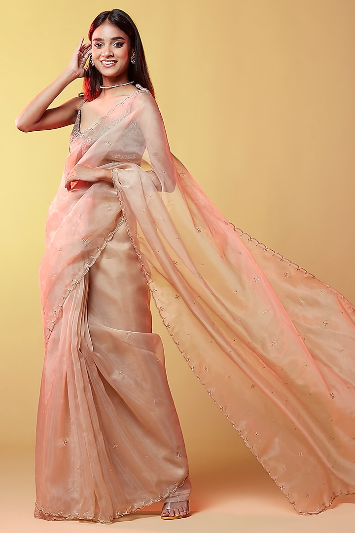 Gold Silk Organza Hand Embroidered Party Wear Saree by Phatakaa at Pernia's Pop Up Shop