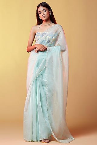 Blue Silk Organza Hand Embroidered Saree by Phatakaa