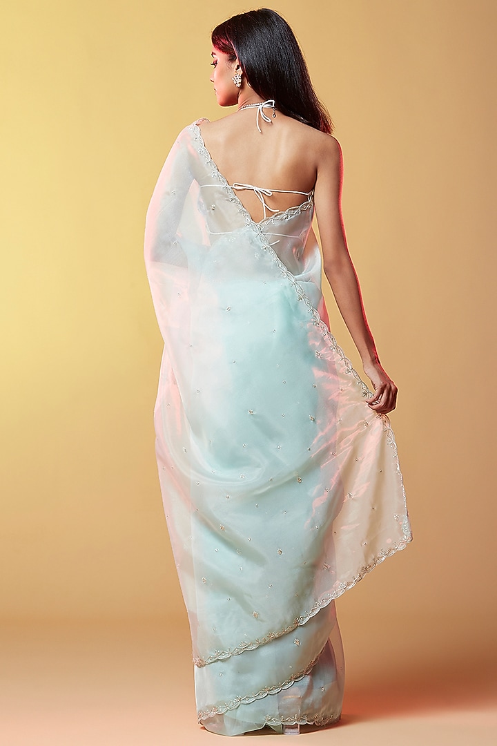Blue Silk Organza Hand Embroidered Party Wear Saree by Phatakaa at Pernia's Pop Up Shop