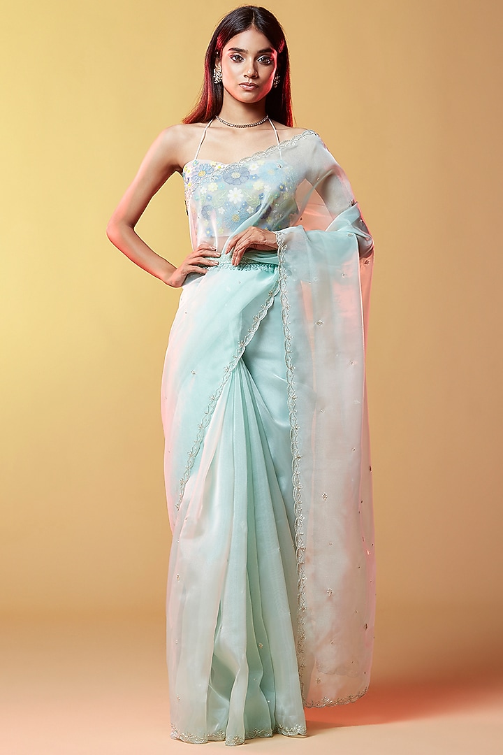 Blue Silk Organza Hand Embroidered Party Wear Saree by Phatakaa at Pernia's Pop Up Shop