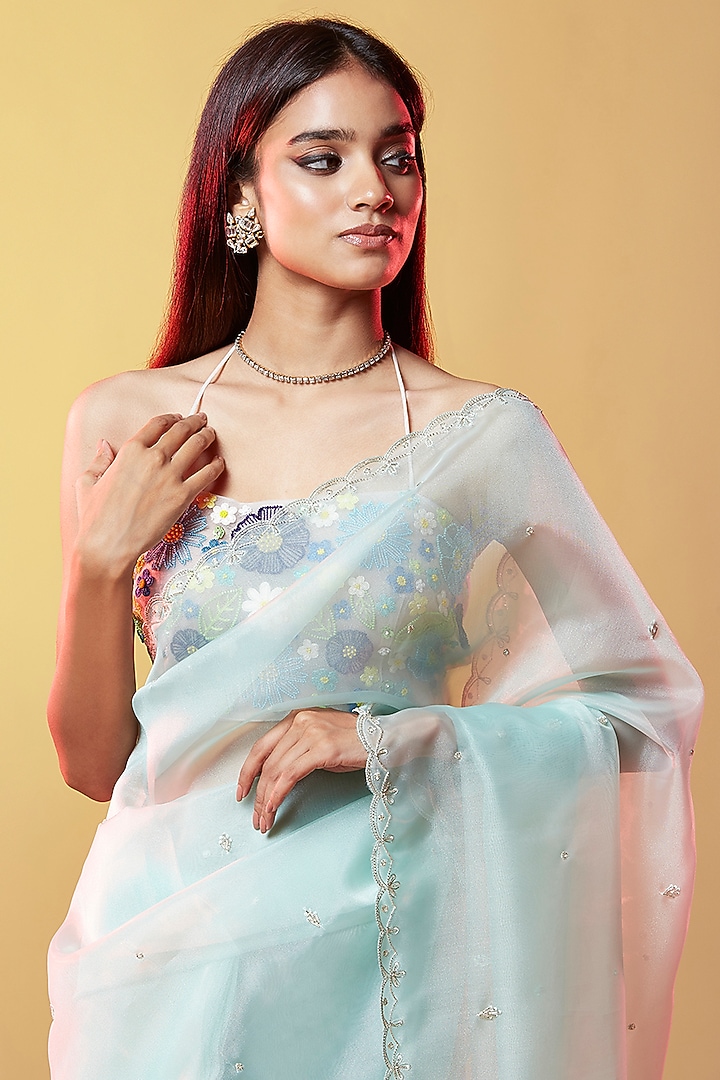 Blue Silk Organza Hand Embroidered Party Wear Saree by Phatakaa at Pernia's Pop Up Shop