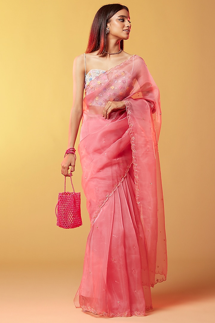 Pink Silk Organza Hand Embroidered Saree by Phatakaa at Pernia's Pop Up Shop