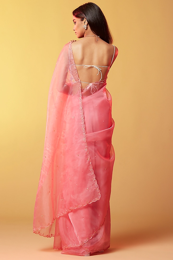 Pink Silk Organza Hand Embroidered Party Wear Saree by Phatakaa at Pernia's Pop Up Shop