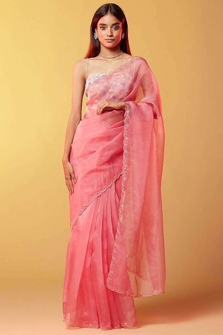Pink Silk Organza Hand Embroidered Party Wear Saree by Phatakaa at Pernia's Pop Up Shop