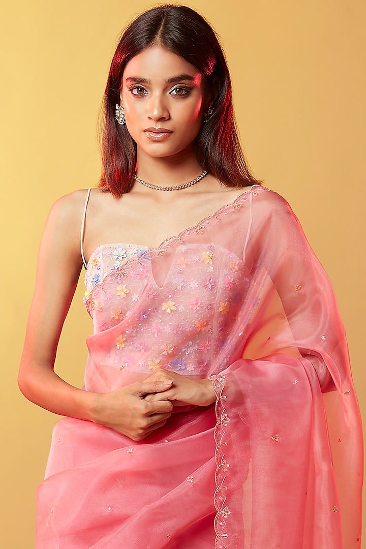 Pink Silk Organza Hand Embroidered Party Wear Saree by Phatakaa at Pernia's Pop Up Shop