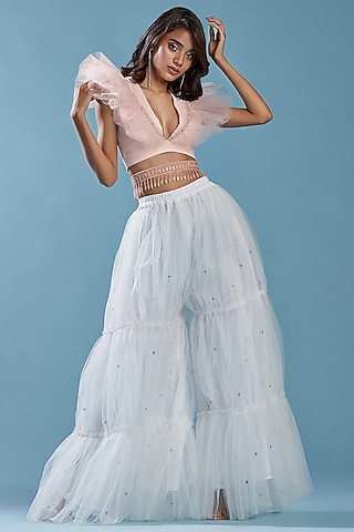 White Tulle Tiered Sharara Set by Phatakaa