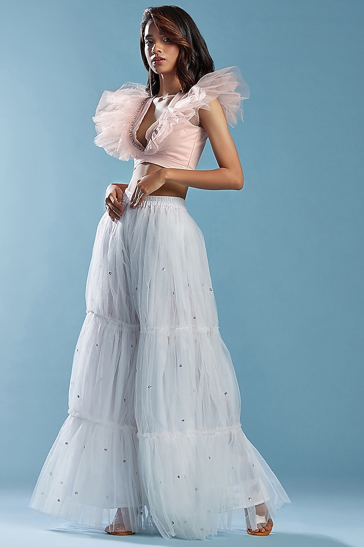 White Tulle Tiered Party Wear Sharara Set by Phatakaa at Pernia's Pop Up Shop