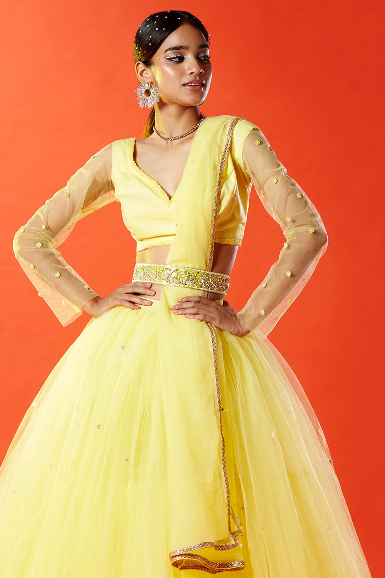 Organza Wedding Lehenga Choli with Embroidered in Yellow - LC4673