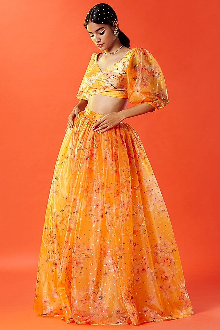 Mustard Tulle Floral Printed & Embellished Top by Phatakaa at Pernia's Pop Up Shop
