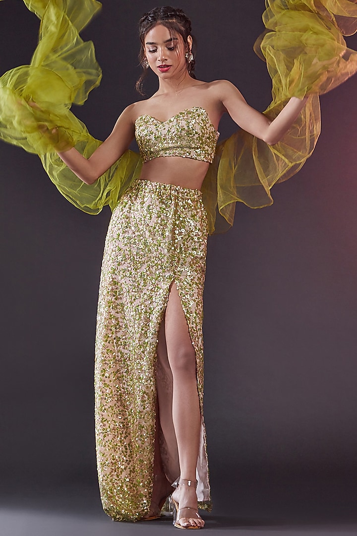 Olive Mesh & Tulle Skirt Set by Phatakaa at Pernia's Pop Up Shop