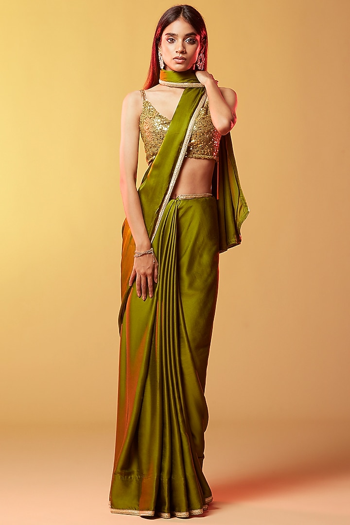 Olive Gajji Silk Party Wear Saree by Phatakaa at Pernia's Pop Up Shop