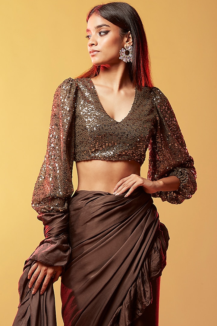 Brown Polyester Mesh & Tulle Sequins Top by Phatakaa at Pernia's Pop Up Shop
