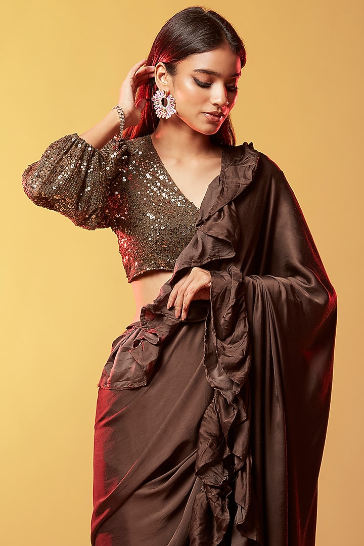 Brown Polyester Mesh & Tulle Sequins Top by Phatakaa at Pernia's Pop Up Shop