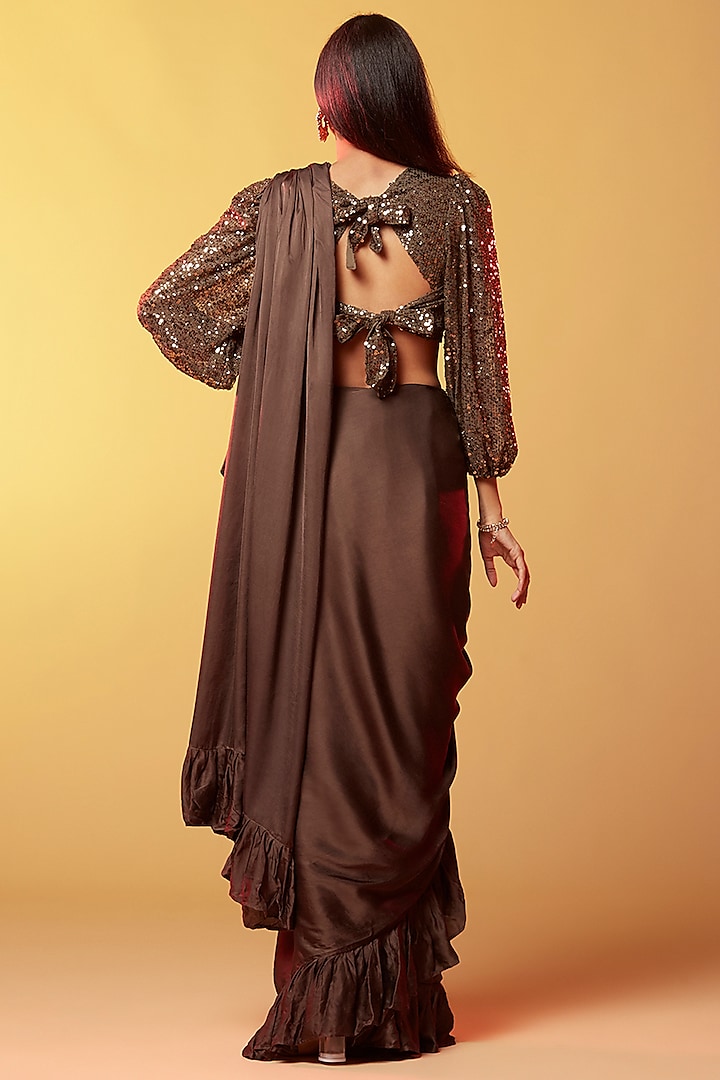 Dark Olive Gajji Silk Embellished Ruffled Party Wear Saree by Phatakaa at Pernia's Pop Up Shop