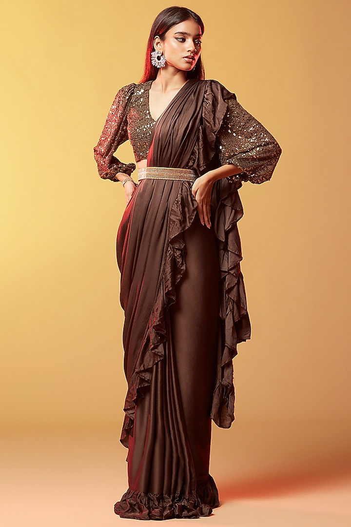 Dark Olive Gajji Silk Embellished Ruffled Party Wear Saree by Phatakaa at Pernia's Pop Up Shop