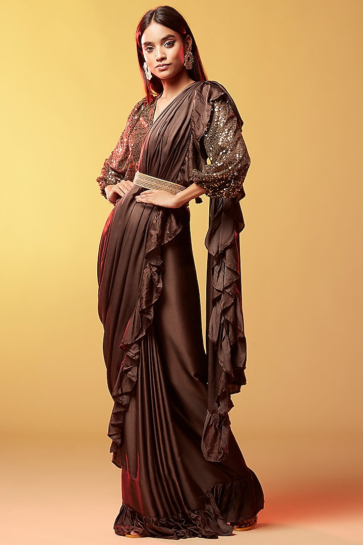 Dark Olive Gajji Silk Embellished Ruffled Party Wear Saree by Phatakaa at Pernia's Pop Up Shop