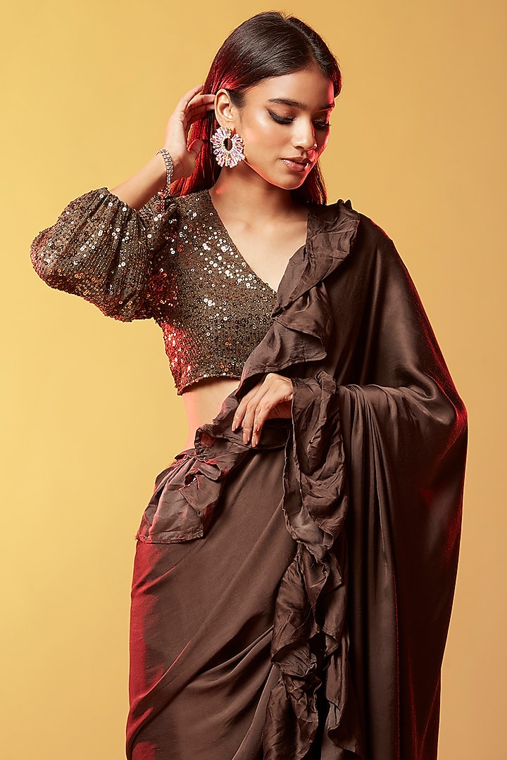Dark Olive Gajji Silk Embellished Ruffled Party Wear Saree by Phatakaa at Pernia's Pop Up Shop