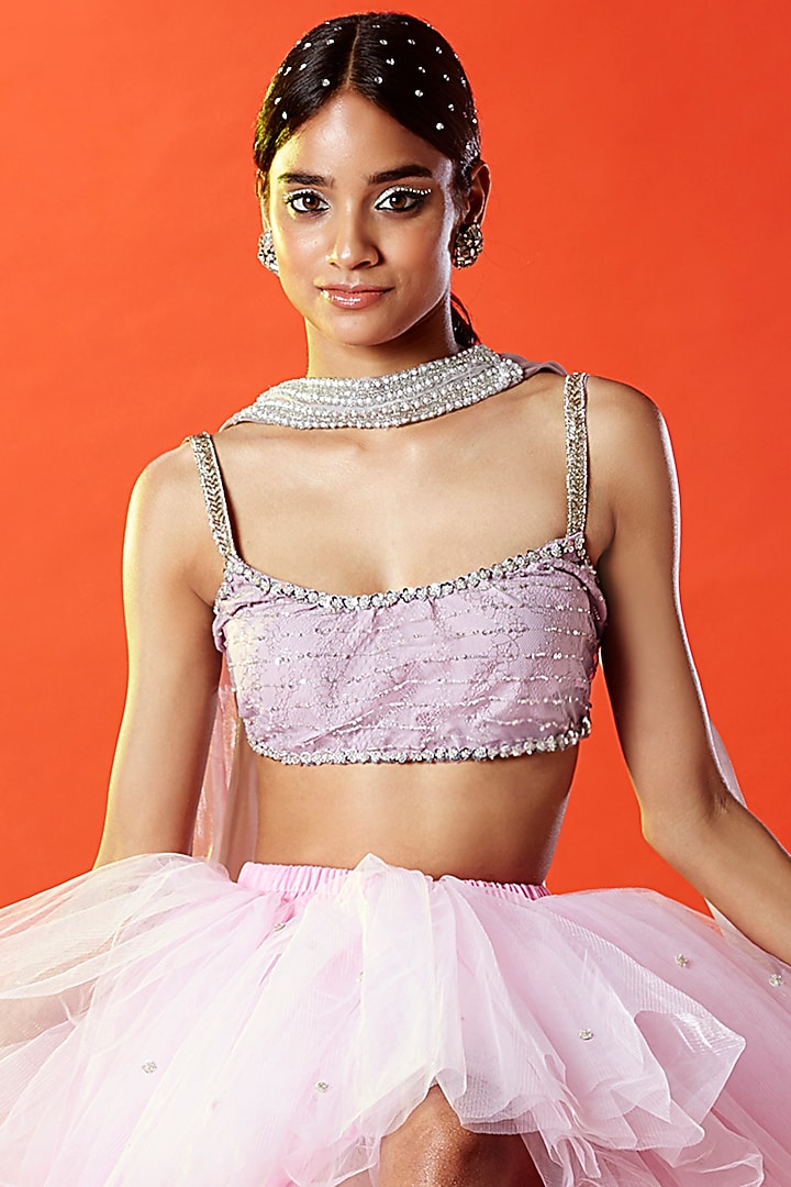Lilac Polyester Mesh Embellished Crop Top by Phatakaa at Pernia's Pop Up Shop