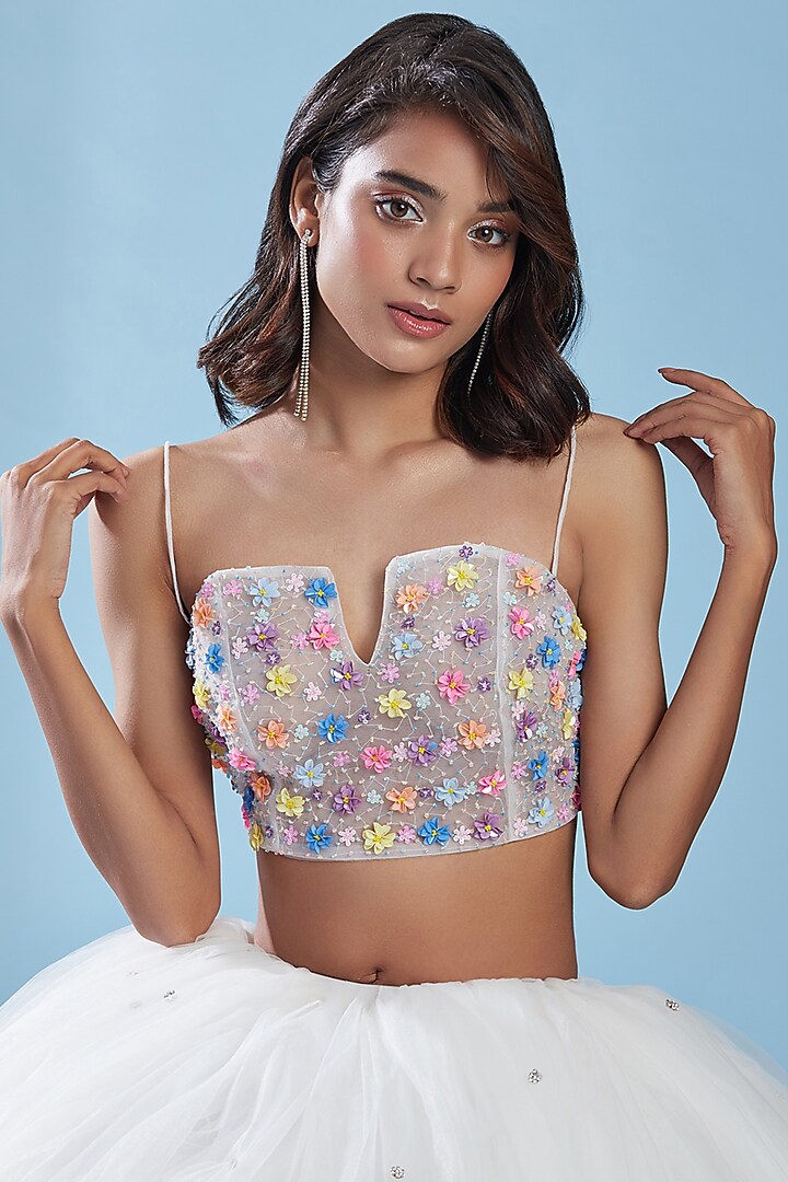 White Polyester Mesh Embroidered Crop Top by Phatakaa at Pernia's Pop Up Shop