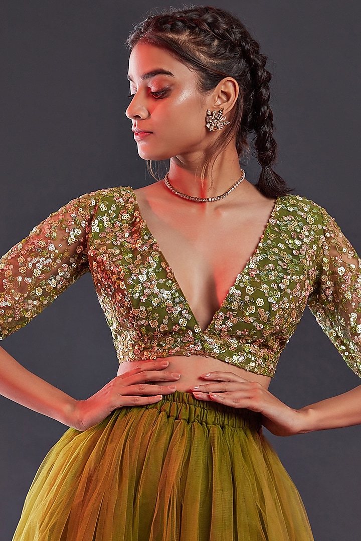 Olive Polyester Mesh Embroidered Crop Top by Phatakaa at Pernia's Pop Up Shop