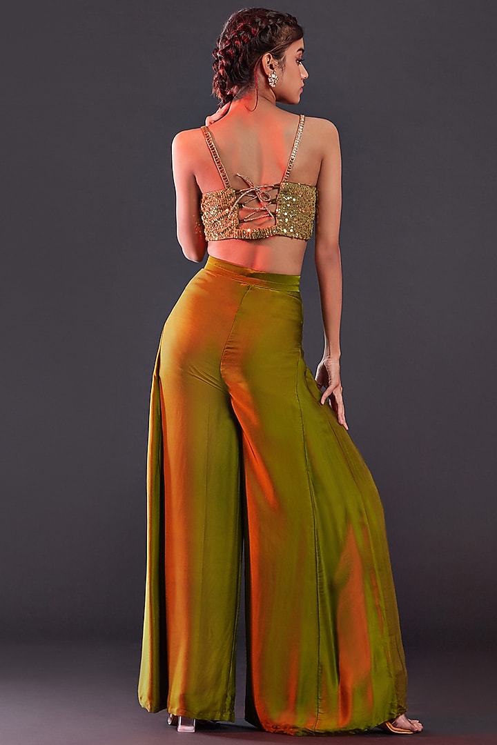 Olive Polyester Mesh Embroidered Cowl Crop Top by Phatakaa at Pernia's Pop Up Shop