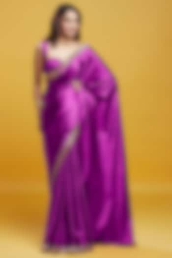 Purple Satin Embroidered Saree Set by Phatakaa at Pernia's Pop Up Shop