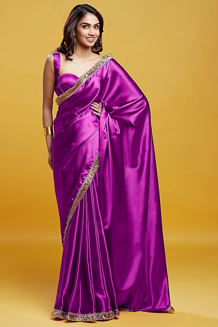 Purple Satin Embroidered Saree Set by Phatakaa at Pernia's Pop Up Shop