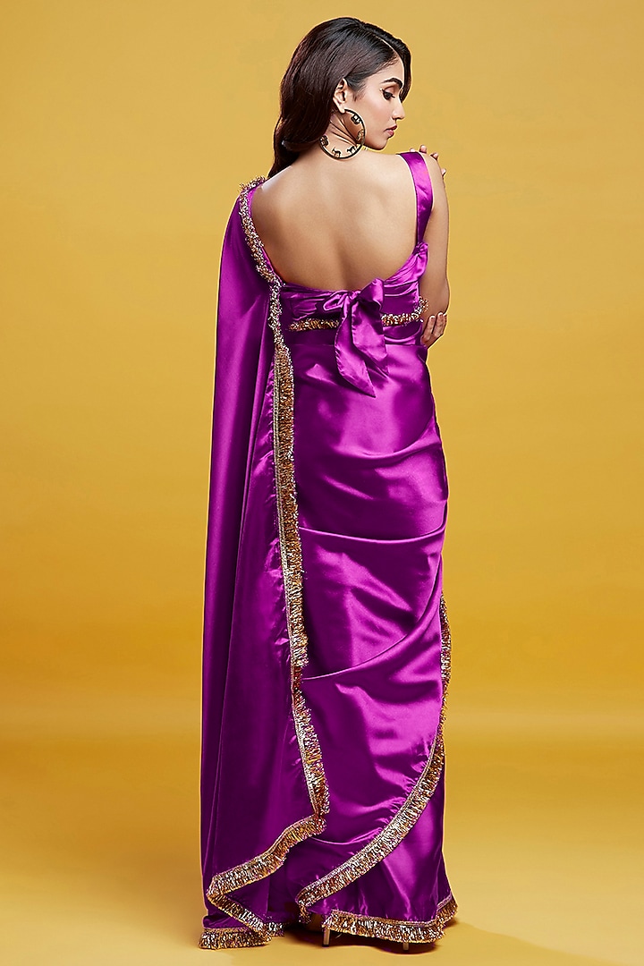 Purple Satin Embroidered Party Wear Saree Set by Phatakaa at Pernia's Pop Up Shop