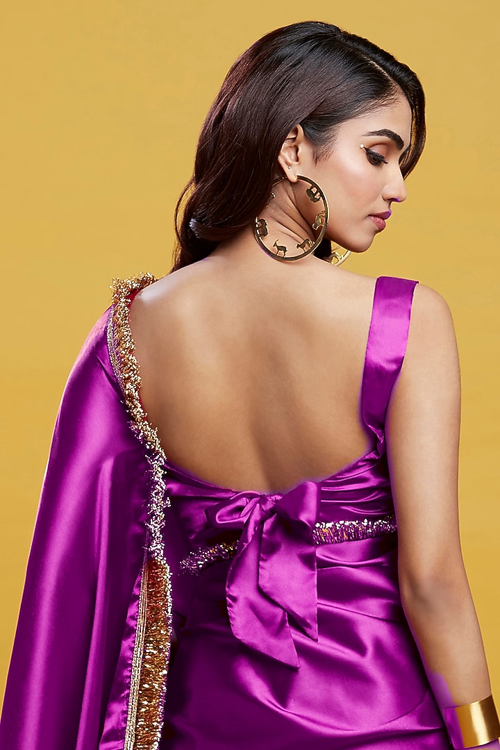 Purple Satin Embroidered Party Wear Saree Set by Phatakaa at Pernia's Pop Up Shop