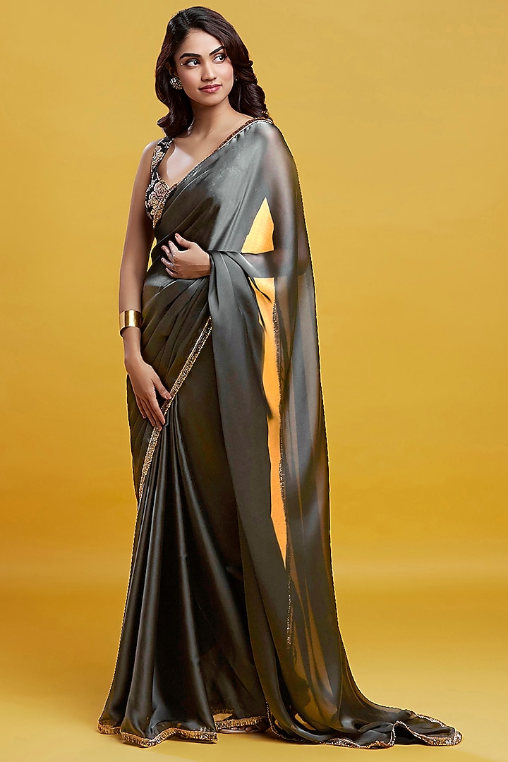 Silver Satin Embroidered Saree Set by Phatakaa at Pernia's Pop Up Shop