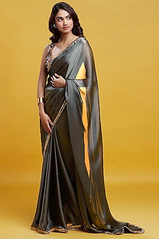 Silver Satin Embroidered Saree Set by Phatakaa