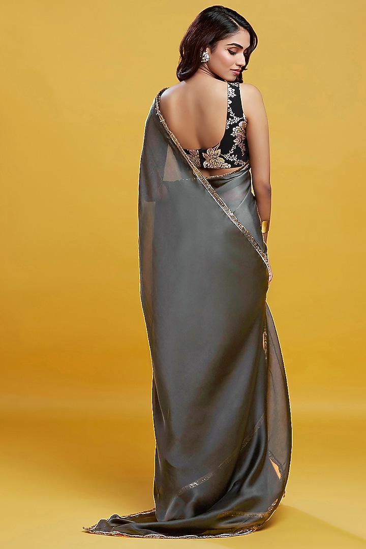 Silver Satin Embroidered Party Wear Saree Set by Phatakaa at Pernia's Pop Up Shop