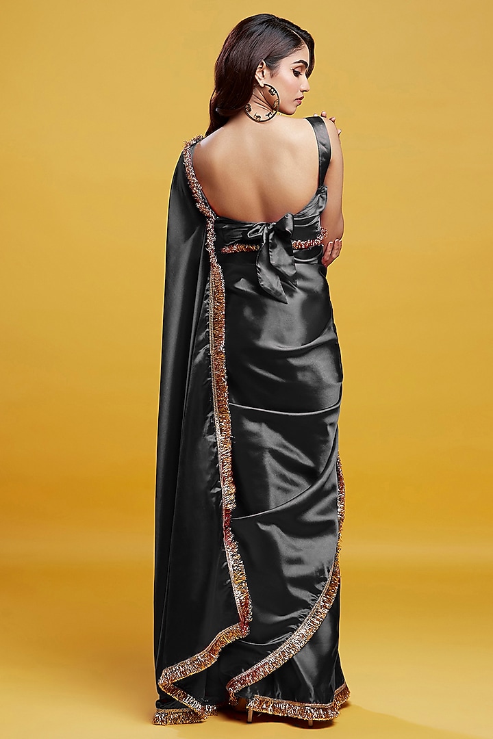 Black Satin Embroidered Party Wear Saree Set by Phatakaa at Pernia's Pop Up Shop