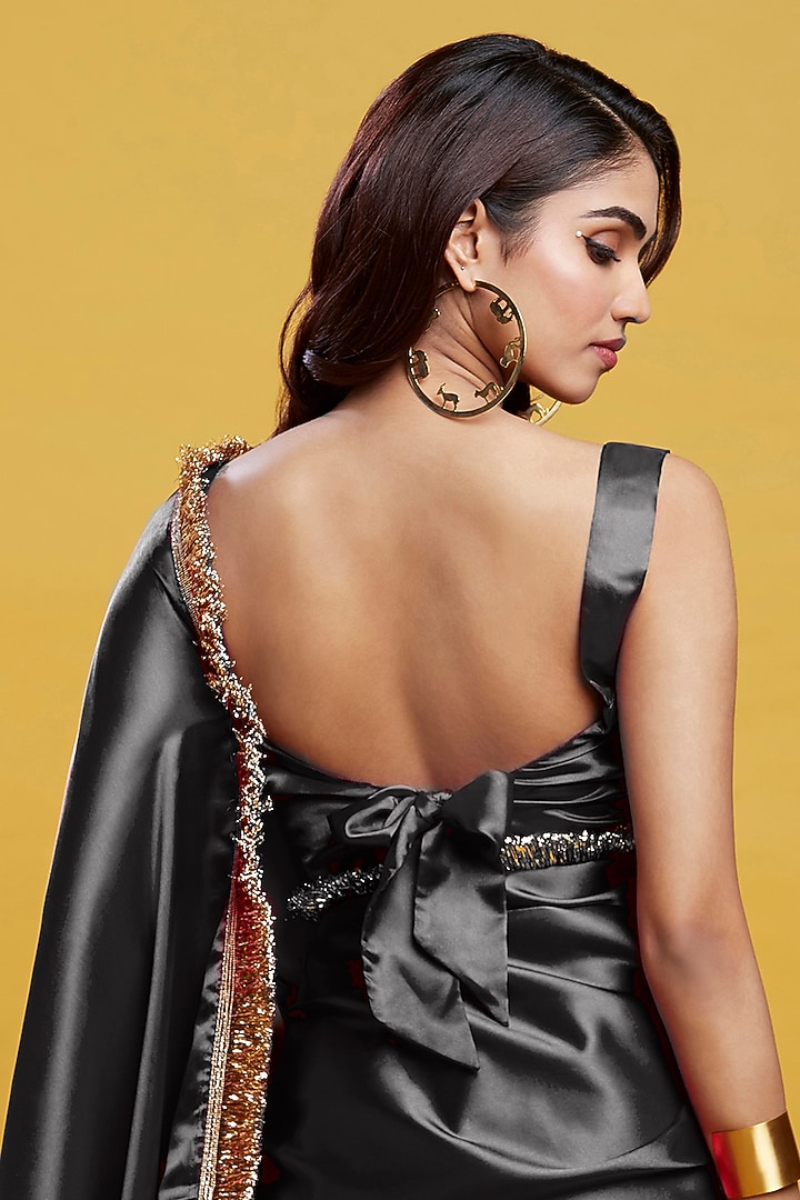 Black Satin Embroidered Party Wear Saree Set by Phatakaa at Pernia's Pop Up Shop