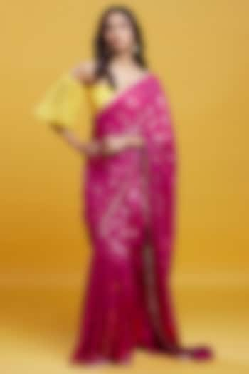 Hot Pink Georgette & Recycled Polyester Saree Set by Phatakaa at Pernia's Pop Up Shop