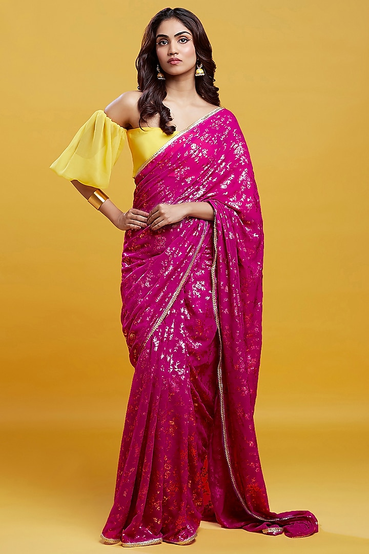 Hot Pink Georgette & Recycled Polyester Saree Set by Phatakaa at Pernia's Pop Up Shop