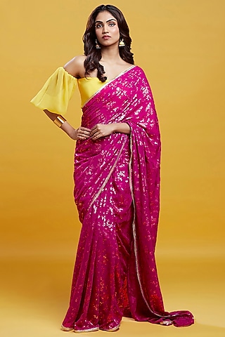 Hot Pink Georgette & Recycled Polyester Saree Set by Phatakaa