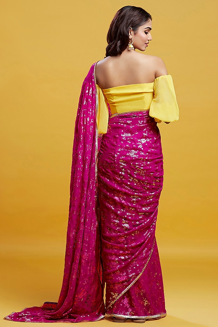 Hot Pink Georgette & Recycled Polyester Party Wear Saree Set by Phatakaa at Pernia's Pop Up Shop